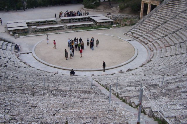 The theater, and note it is not modified to Roman style like most of the others we have seen.  See the circular stage,  the Audience sitting right at the actors level and more than a 180 degree audience view.